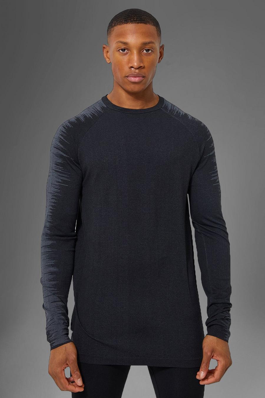 Nahtloses Man Active T-Shirt mit Streifen und langen Ärmeln, Black schwarz