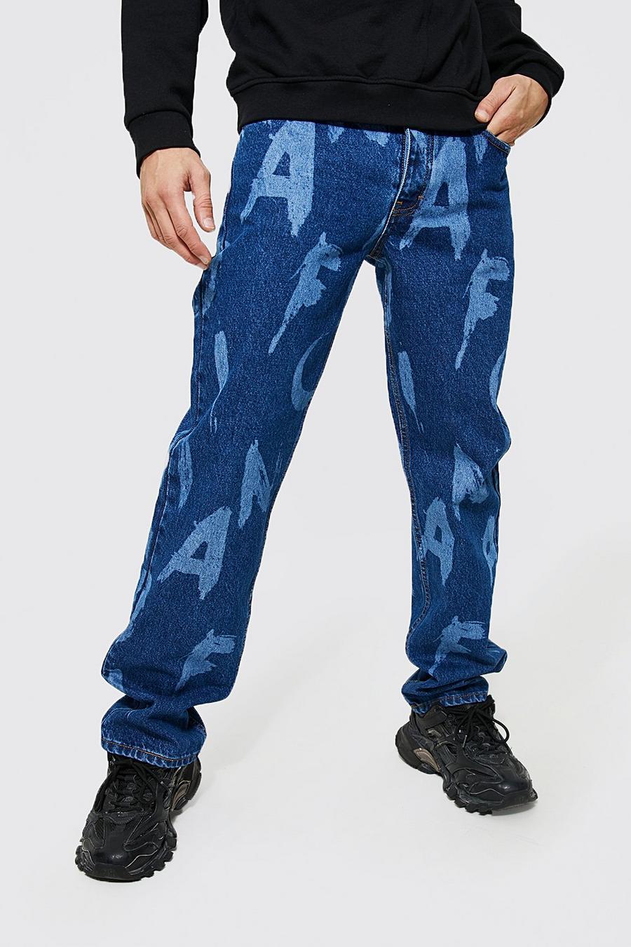 Mid blue Relaxed Fit Laser Print Letter Jeans image number 1