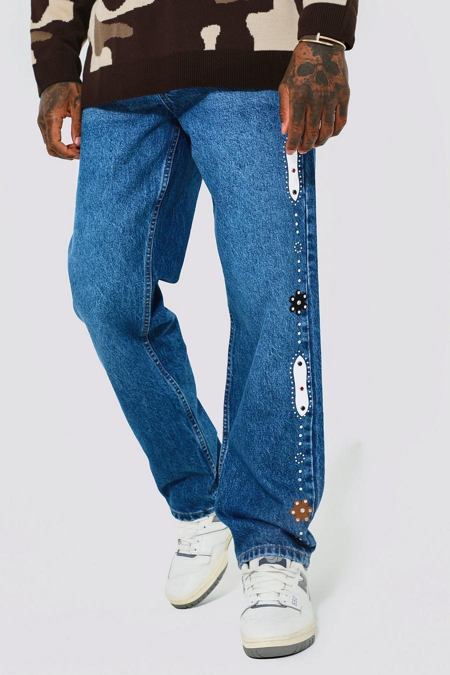 Mid blue Jeans med smyckestenar och ledig passform image number 1