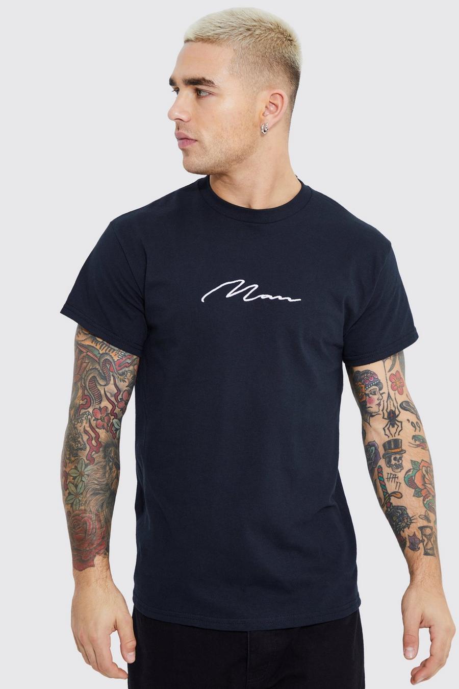 T-shirt con firma Man e ricami, Black