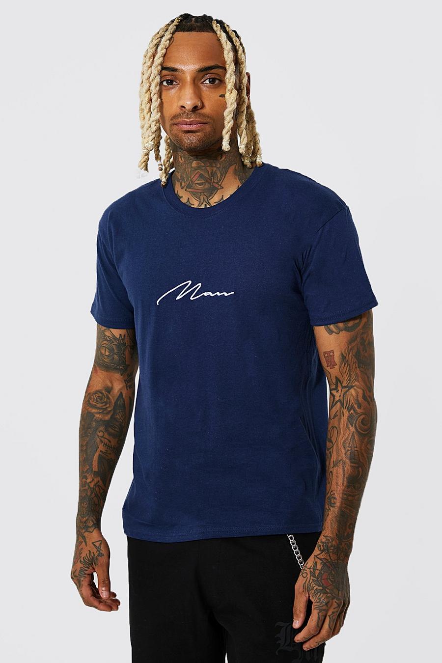 T-Shirt mit Man Signature Stickerei, Navy marine
