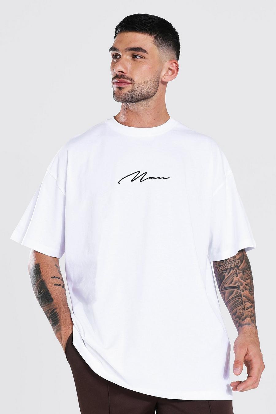 White Oversized Man Signature Embroidered T-shirt image number 1