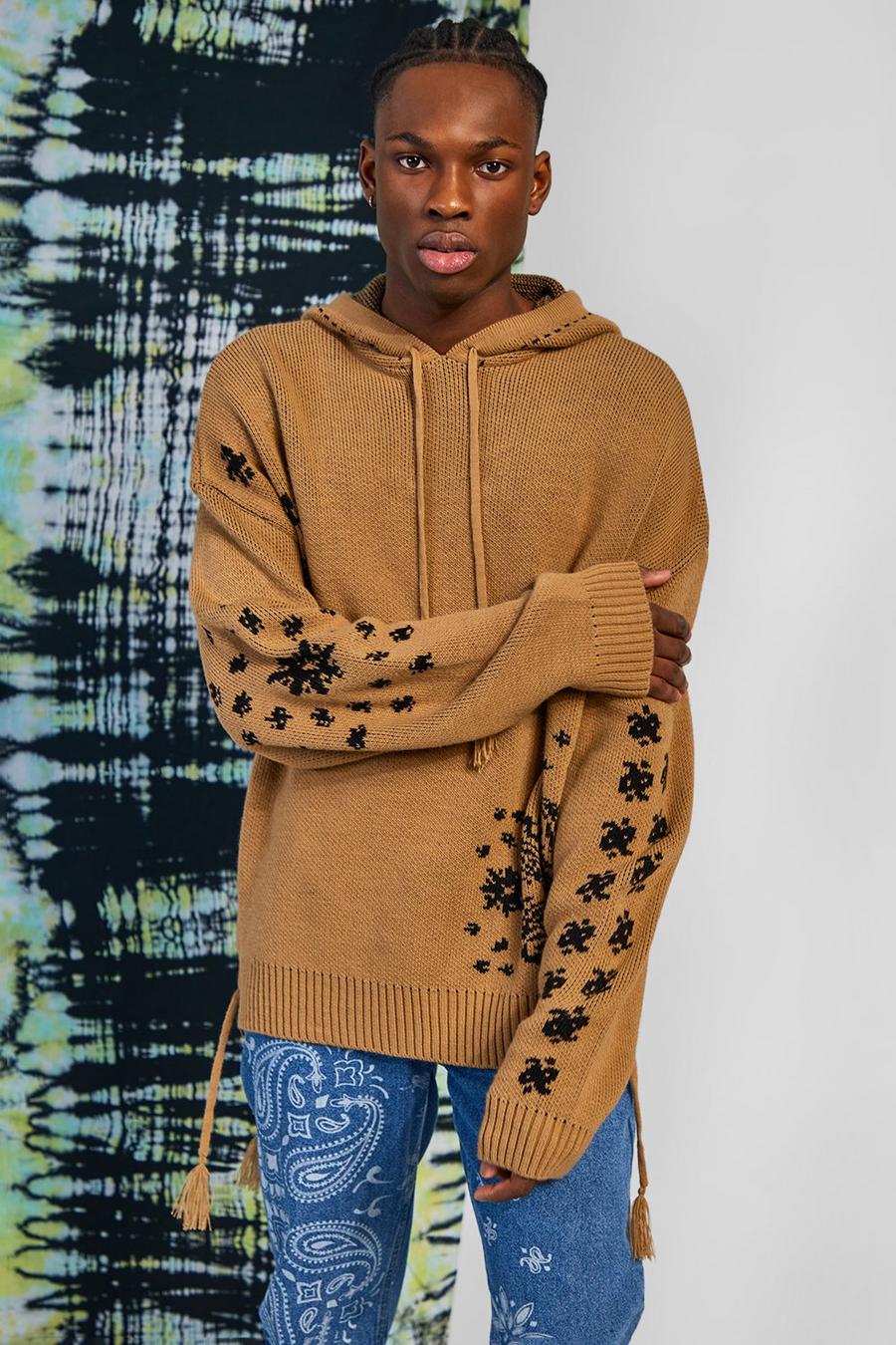 Tan Oversized Bandana Knitted Hoodie With Tassels image number 1