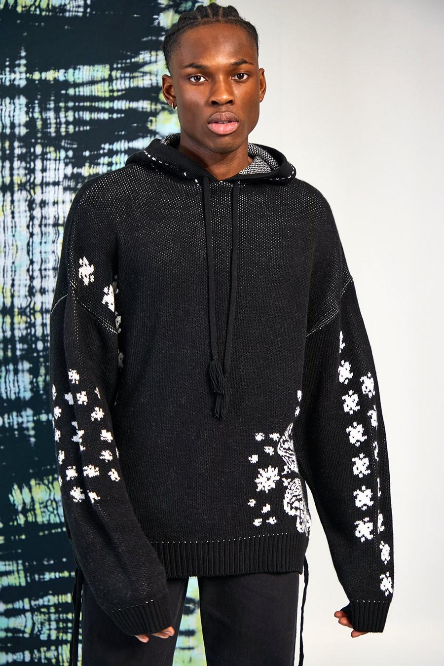 Black Oversized Bandana Knitted Hoodie With Tassels image number 1