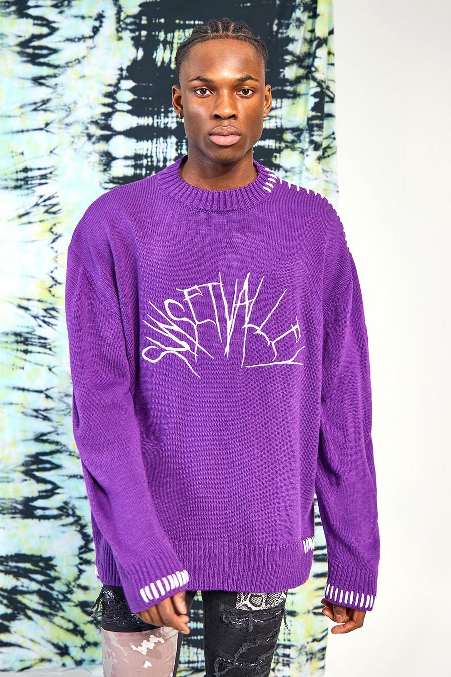 Purple Extended Neck Embroidered Knitted Jumper image number 1