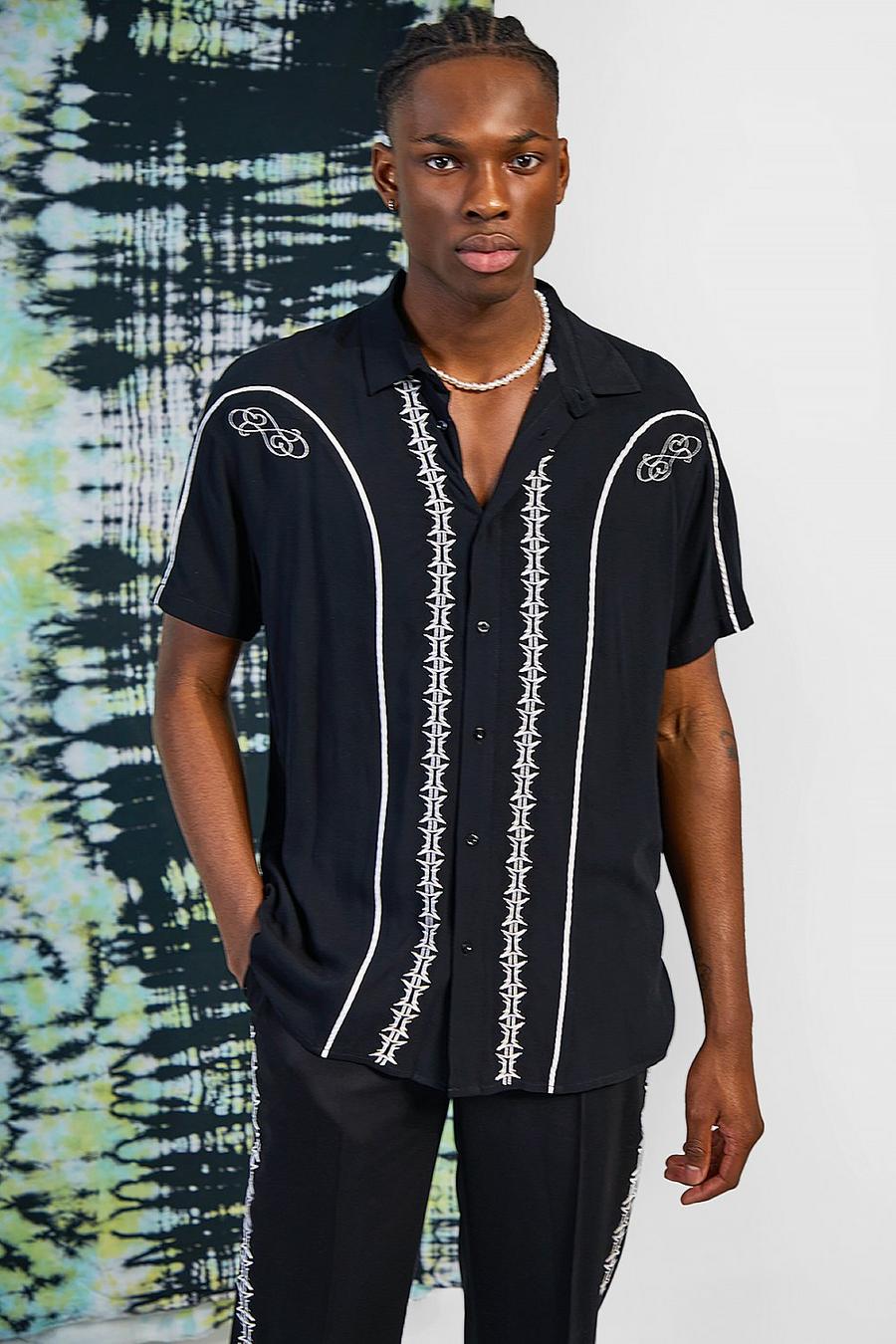 Black Oversized Viscose Embroidered Western Shirt image number 1