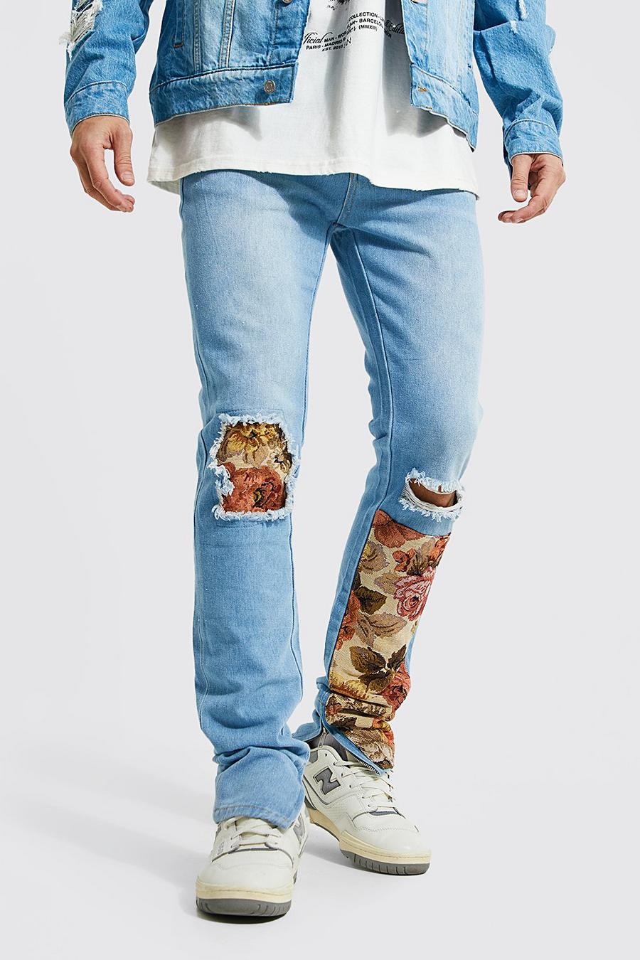 Jeans Skinny Fit effetto patchwork con motivi stile arazzo e pieghe sul fondo, Light blue image number 1