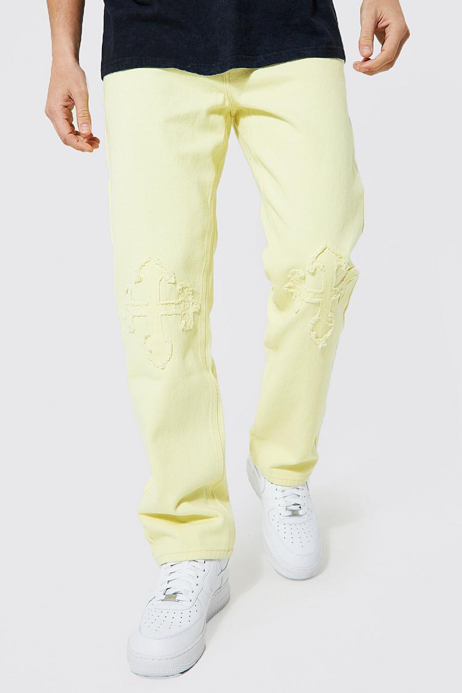 Jeans rilassati slavati con applique, Yellow image number 1