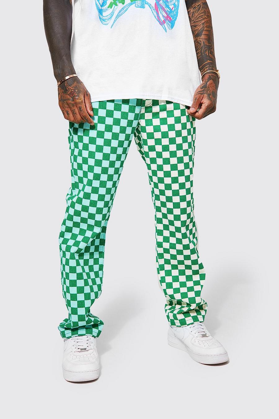 Lockere gespleißte Jeans mit Schachbrett-Print, Green vert