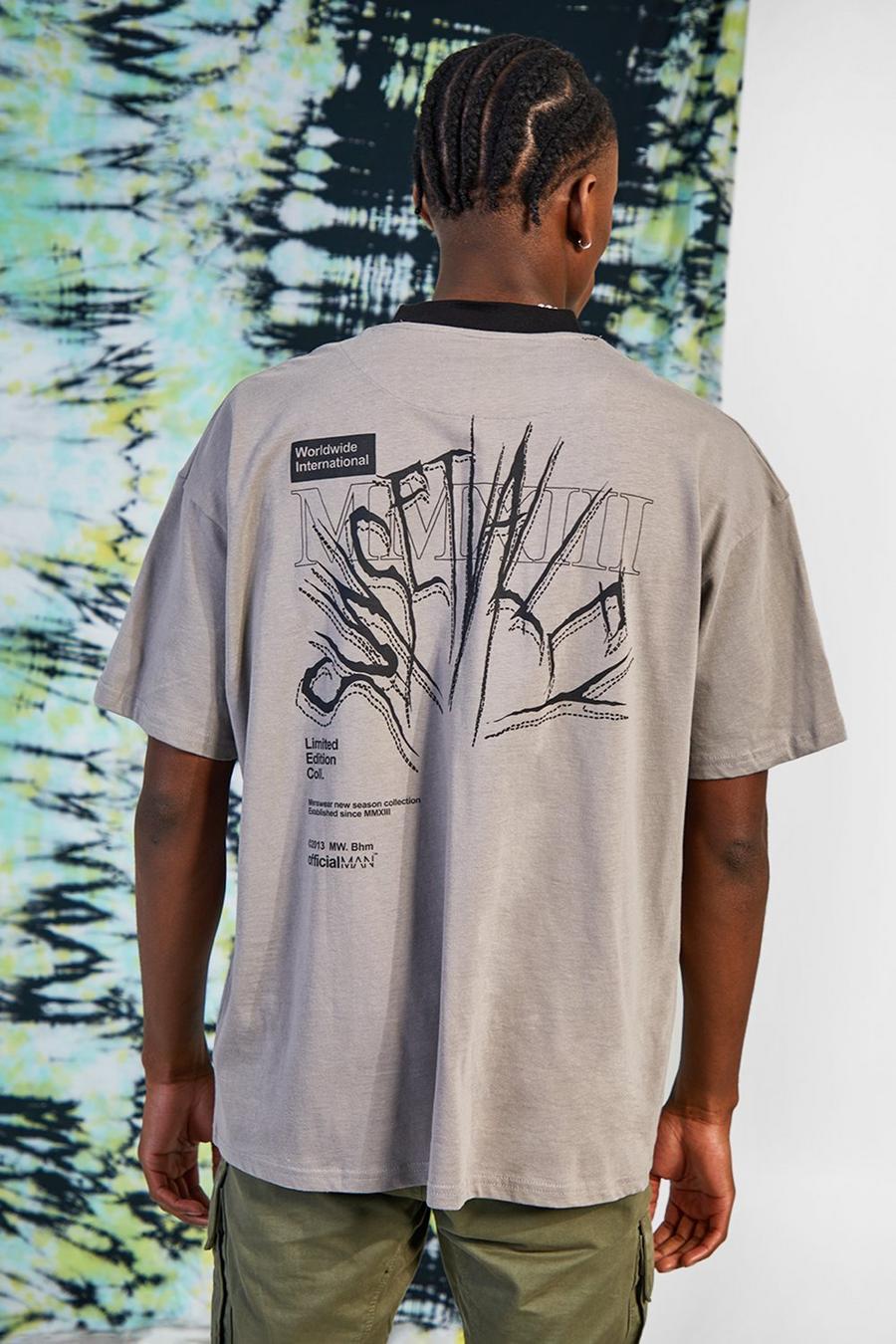 Charcoal Oversize t-shirt med hög halsmudd och grafiskt tryck image number 1
