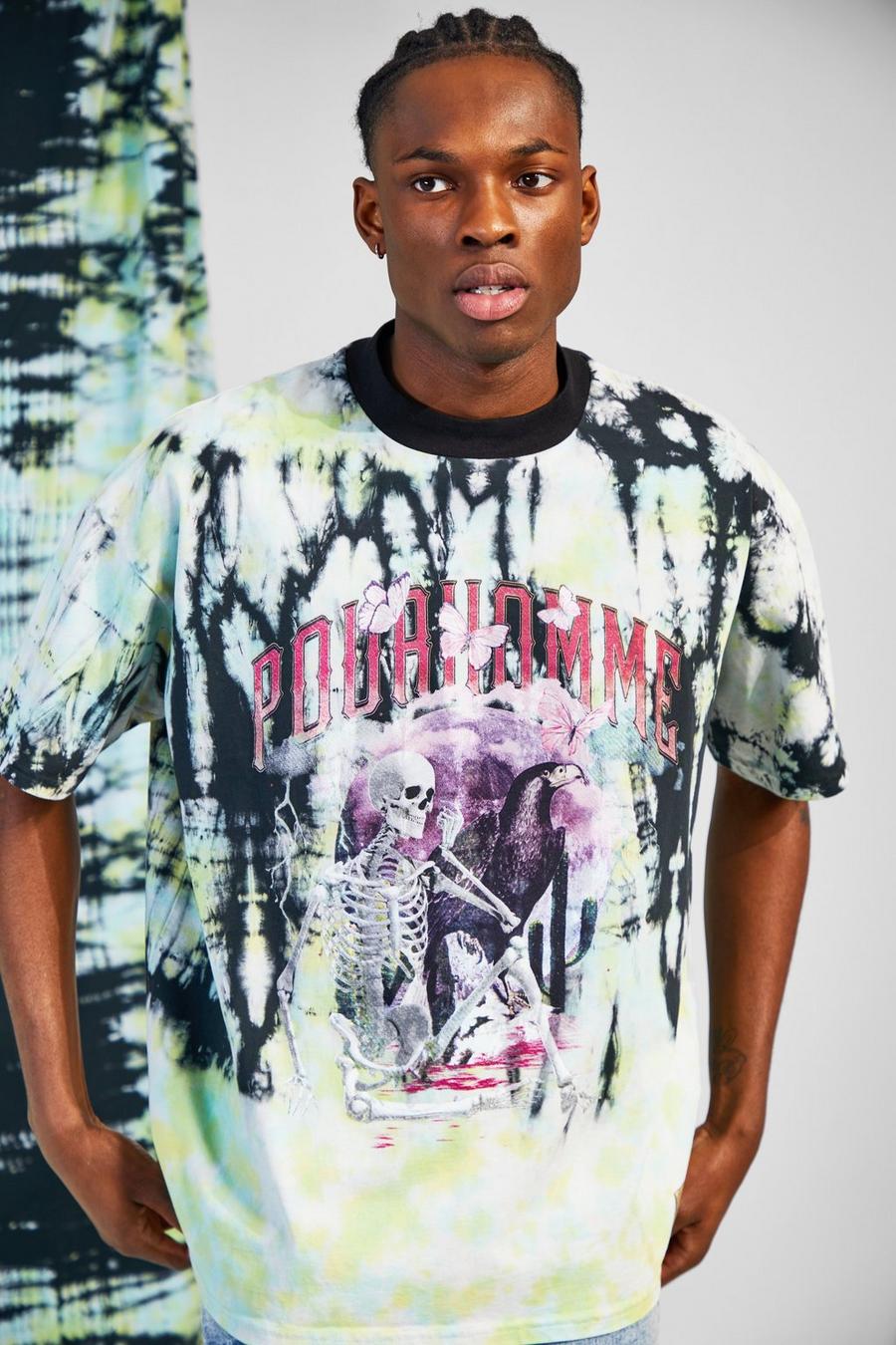 T-shirt oversize effet tie dye à imprimé squelette, Black image number 1