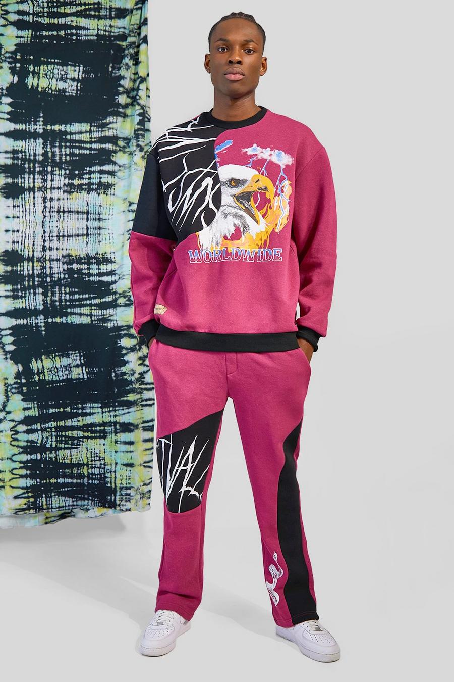 Berry röd Oversized Spliced Graphic Sweater Tracksuit  image number 1
