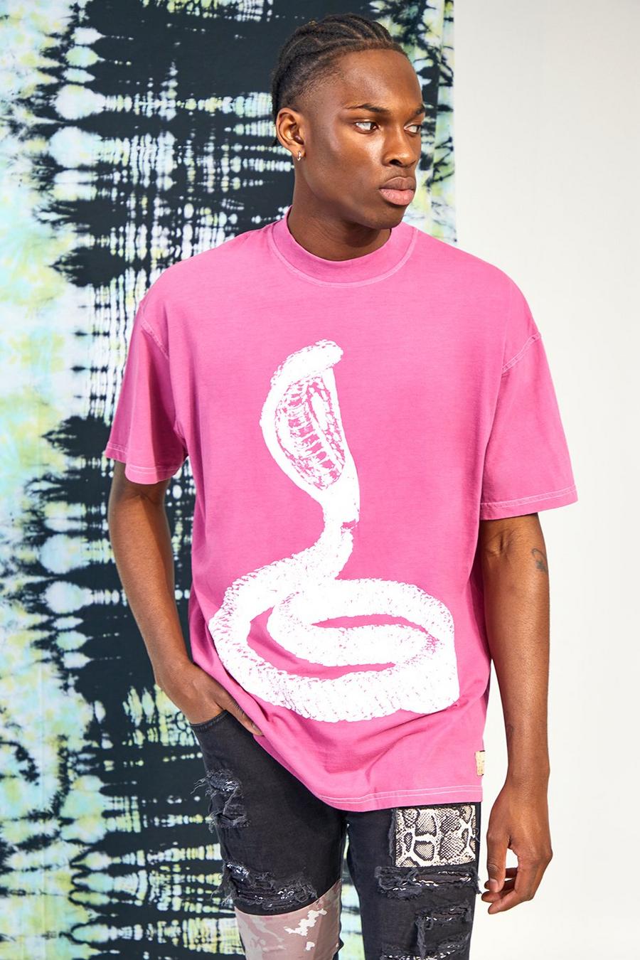 T-shirt oversize in lavaggio acido con serpente, Berry image number 1