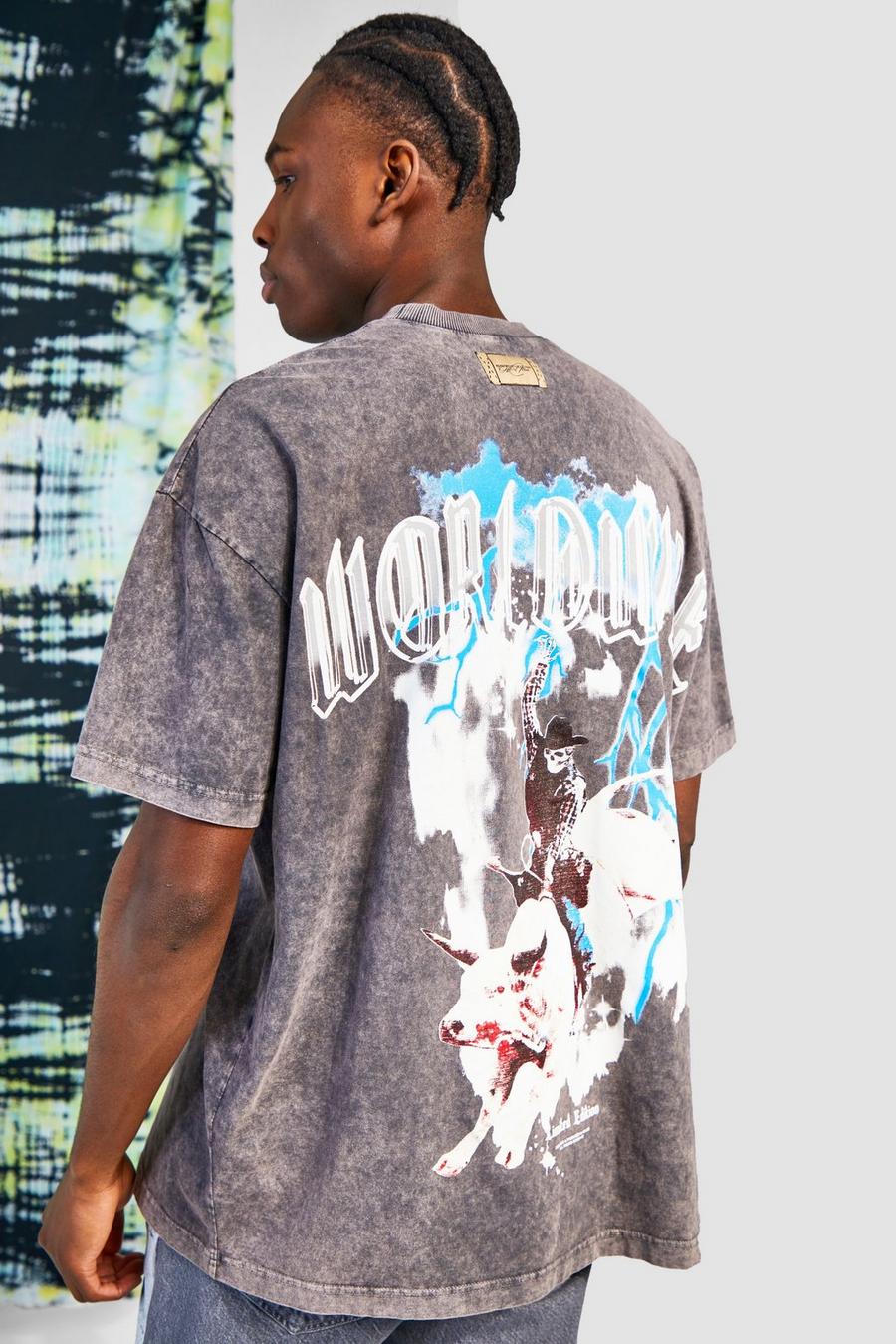Camiseta oversize con lavado de ácido y estampado gráfico en la espalda, Charcoal image number 1