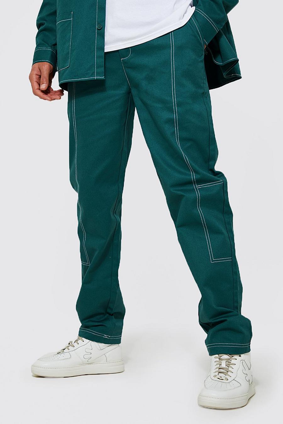Conjunto Tall de pantalón de pernera recta de sarga con costuras en contraste, Dark green verde