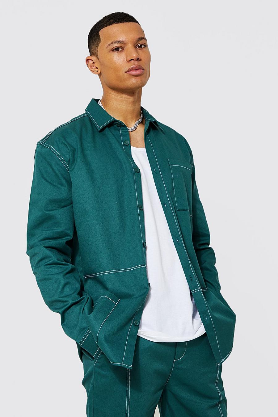 Dark green vert Tall Keperstof Overhemd Met Contrasterende Stiksels