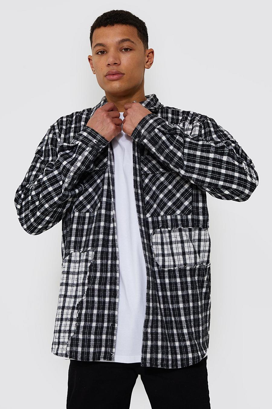 Black Tall Oversized Curved Spliced Check Shirt image number 1