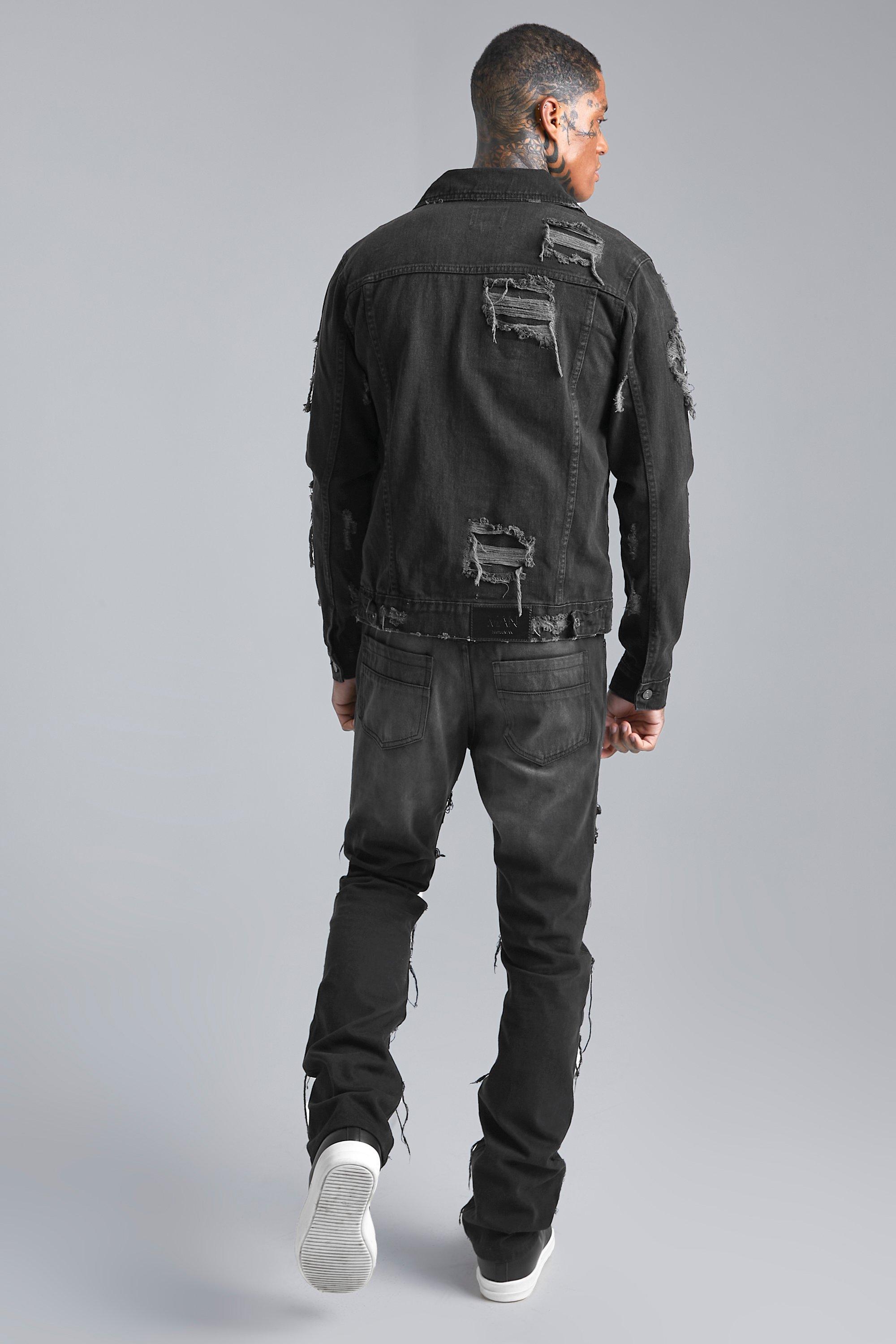 Mens black on sale distressed jean jacket