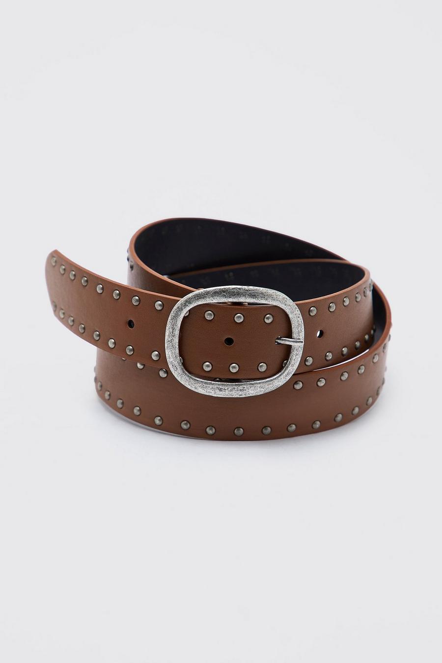 Tan marrone Leather Look Studded Belt