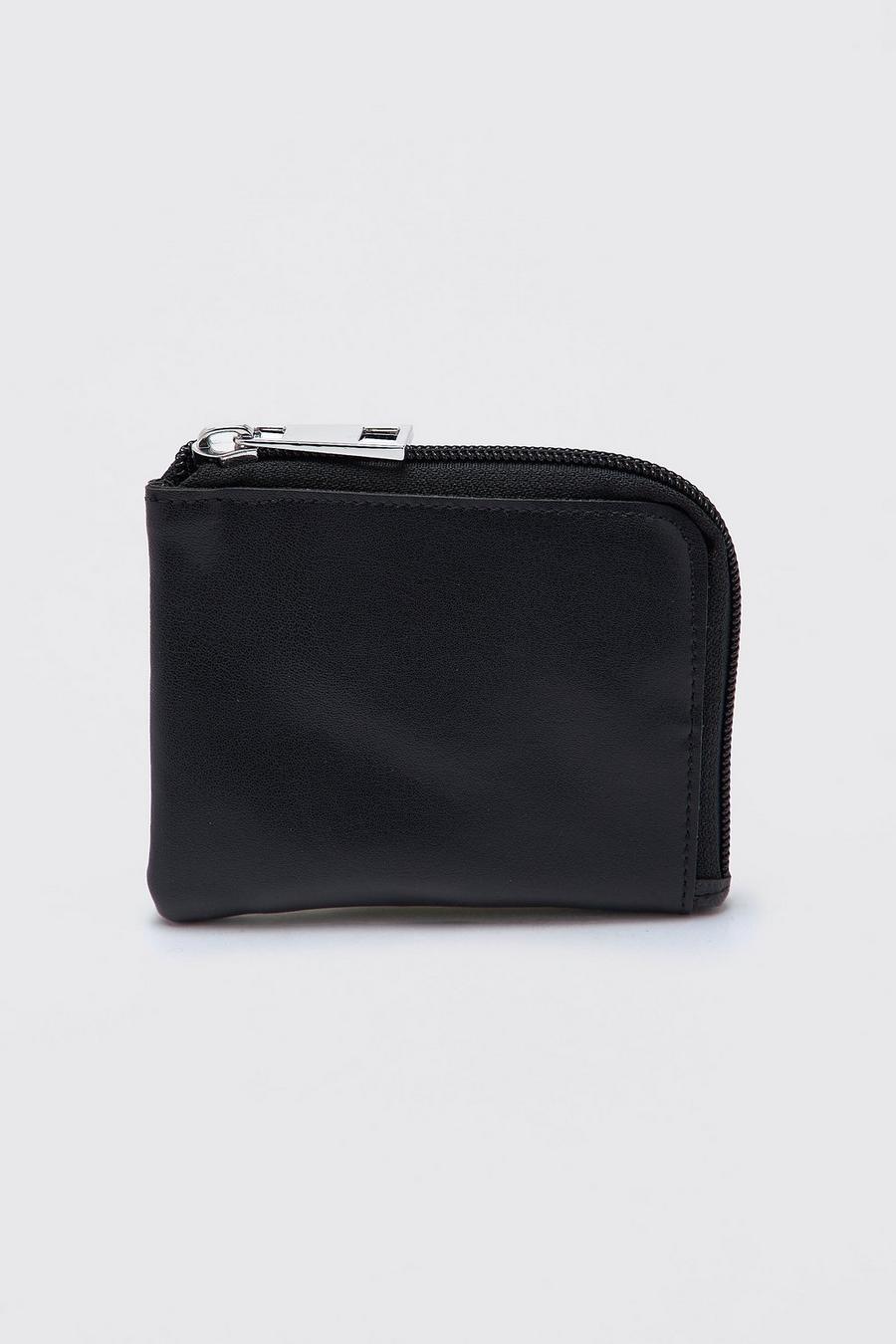 Black Smooth Leather Look Curve Zip Wallet