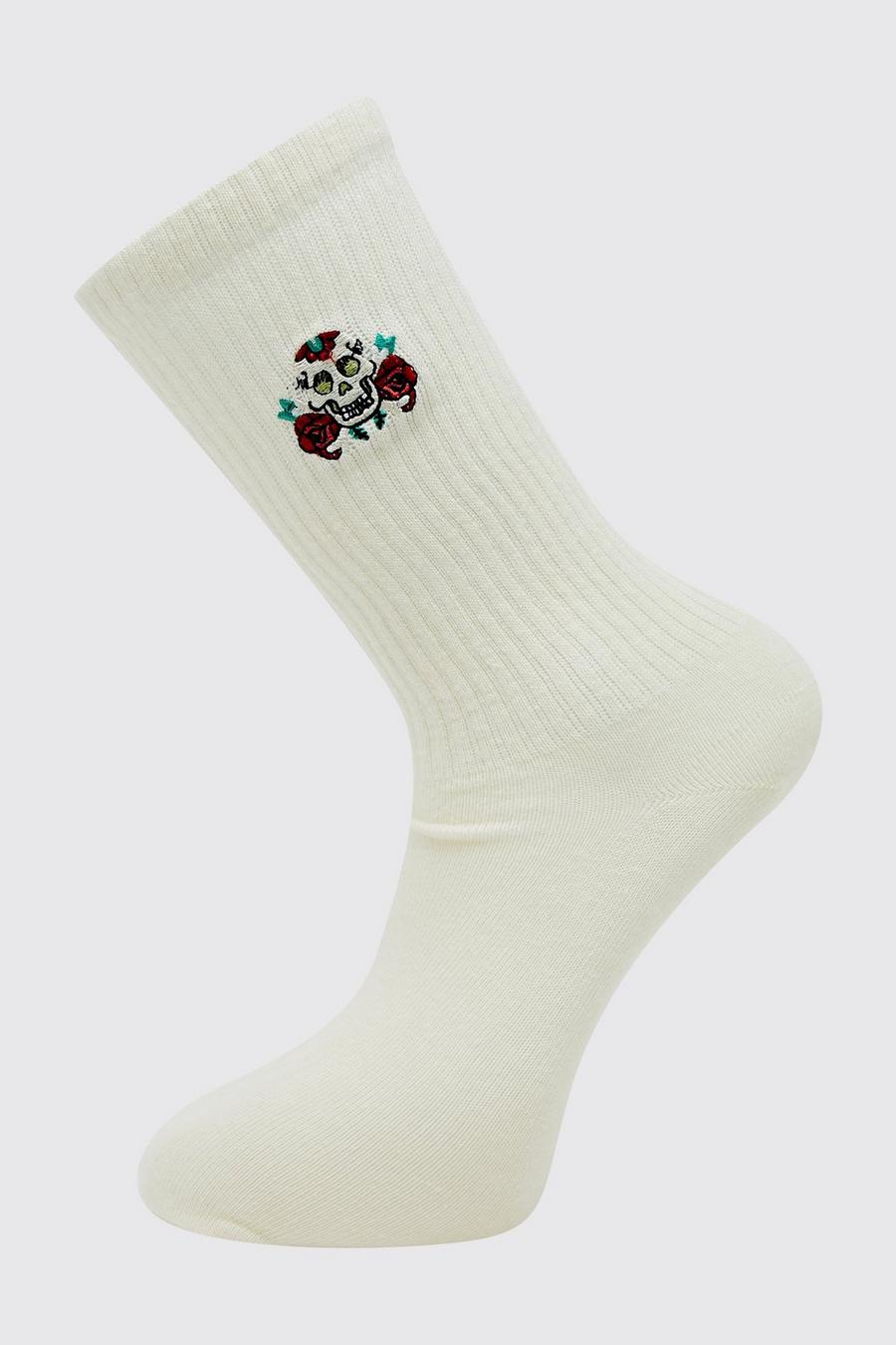 Ecru white 1 Pack Embroidery Floral Skull Sock