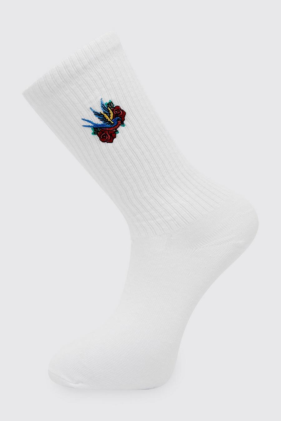 Chaussettes à broderie fleurs et oiseau, White image number 1