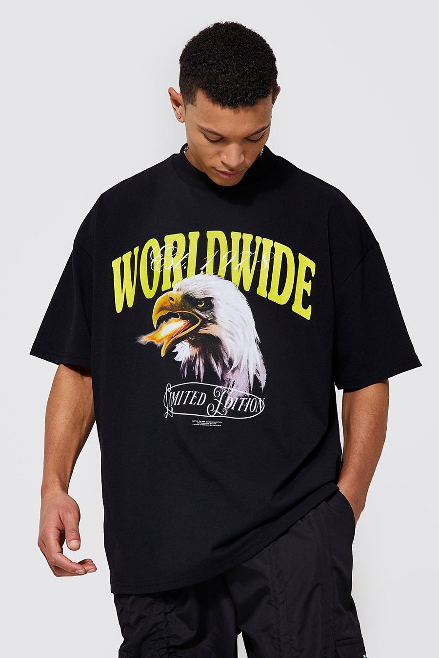 Camiseta Tall oversize con estampado Worldwide de águila, Black image number 1