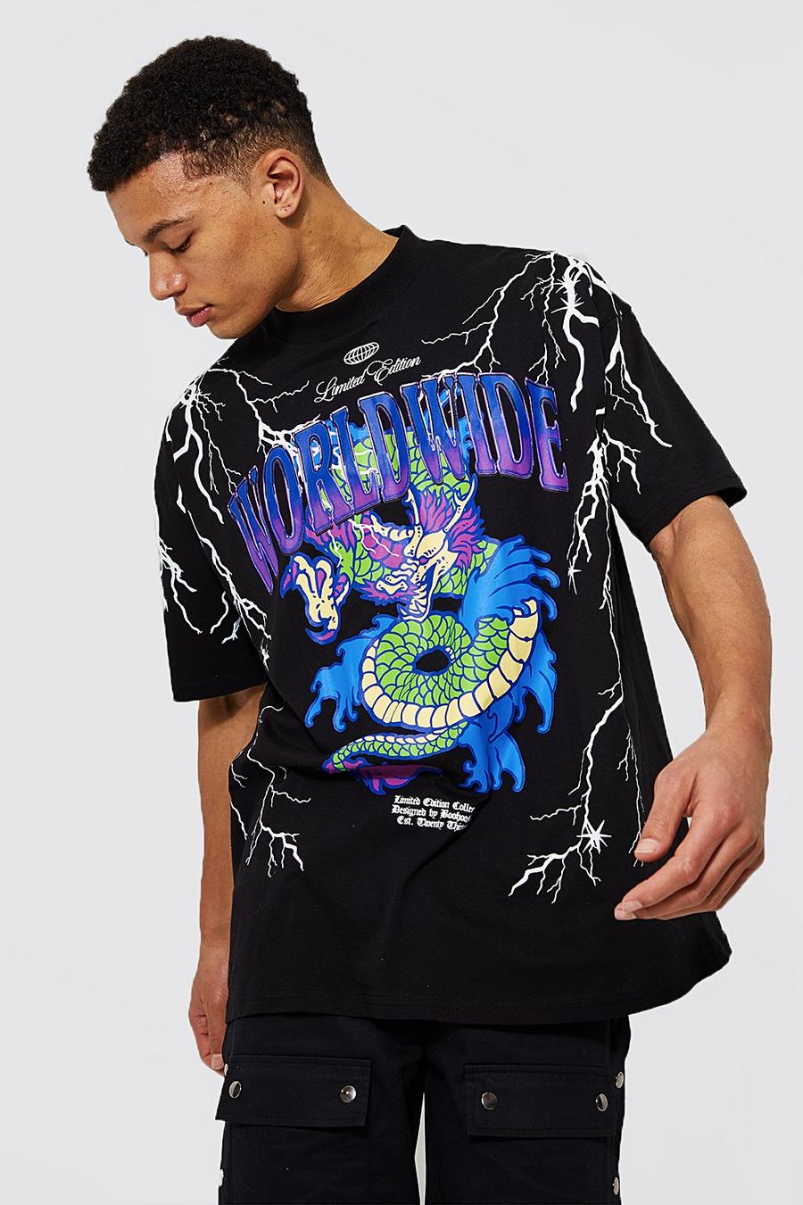 Camiseta Tall oversize con estampado de dragón y relámpago, Black image number 1