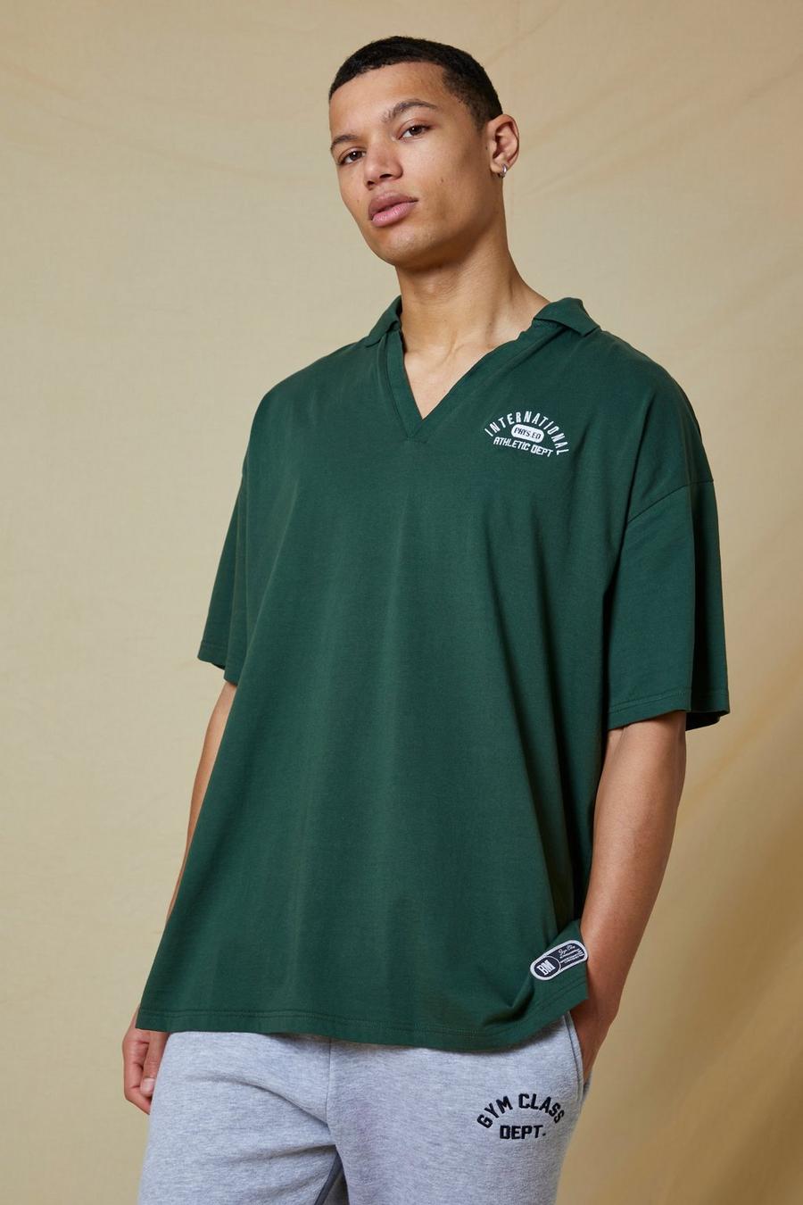 Tall besticktes Oversize Poloshirt mit V-Ausschnitt, Forest green