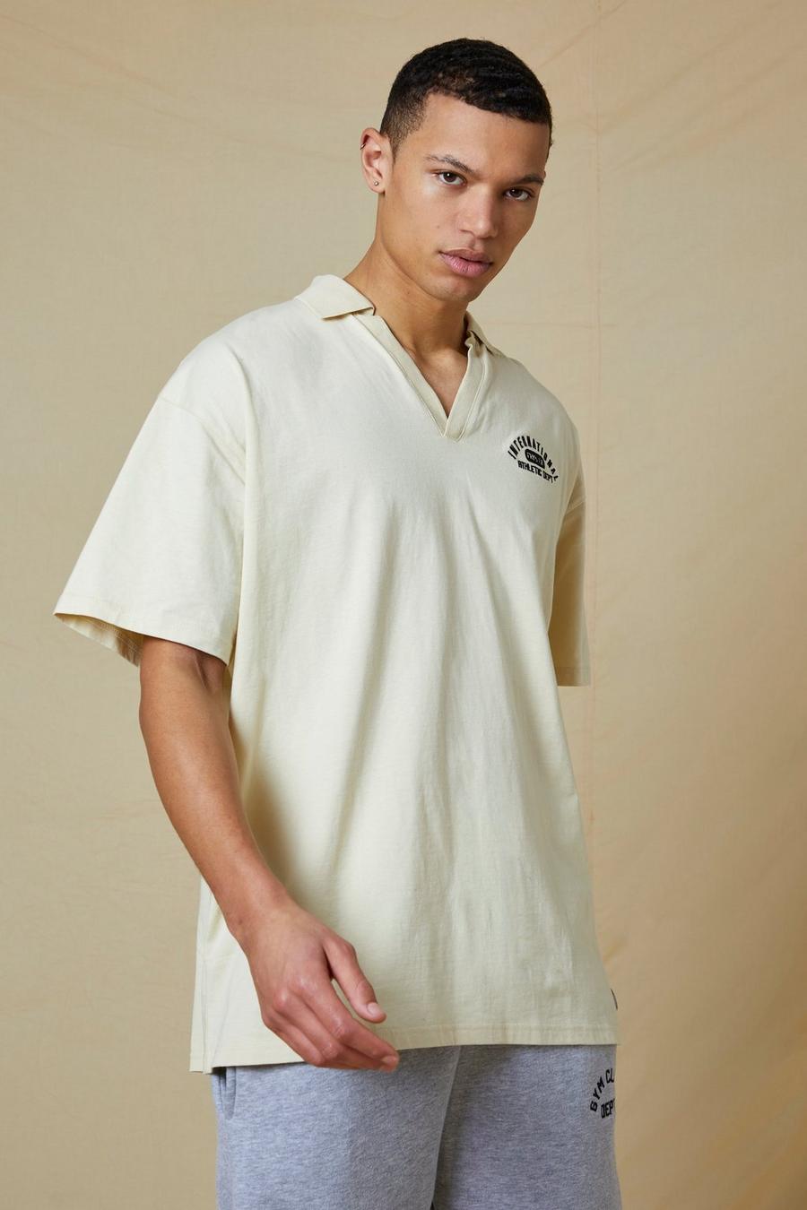 Ecru Tall Oversized Embroidered V Neck Polo image number 1