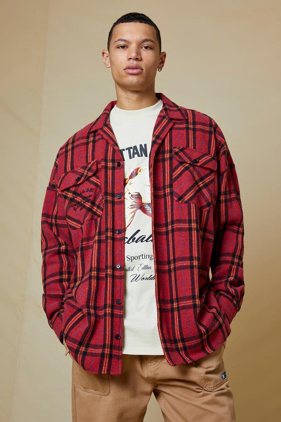 Red Tall Oversized Curved Hem Check Revere Overshirt