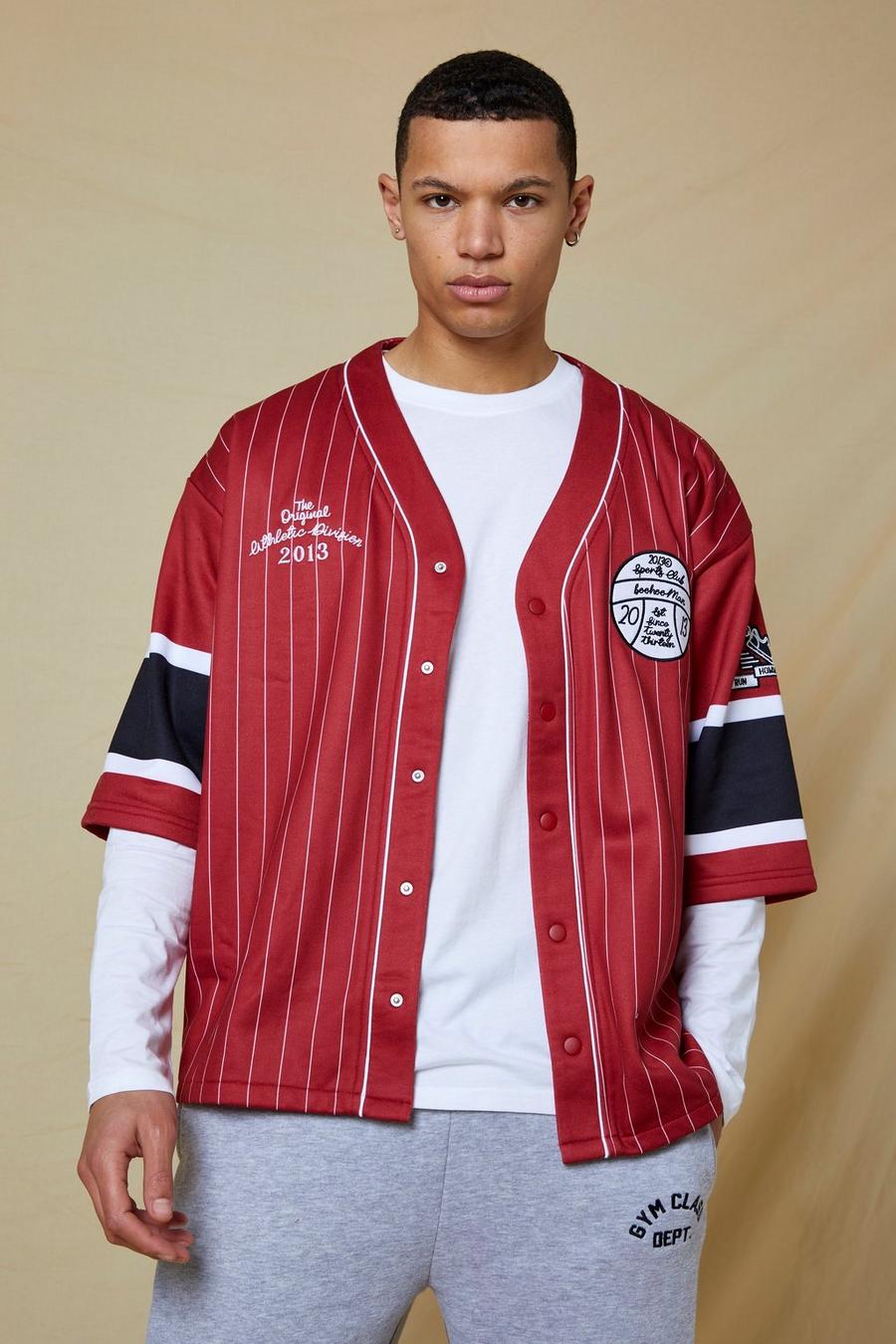 Red Tall Boxy Fit Striped Jersey Baseball Shirt image number 1