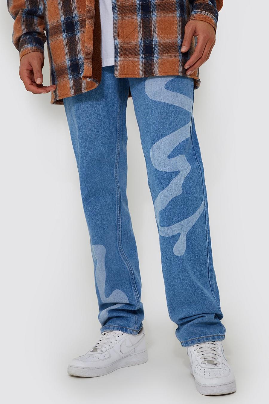 Tall gerade Jeans mit abstraktem Laser-Print, Light blue bleu