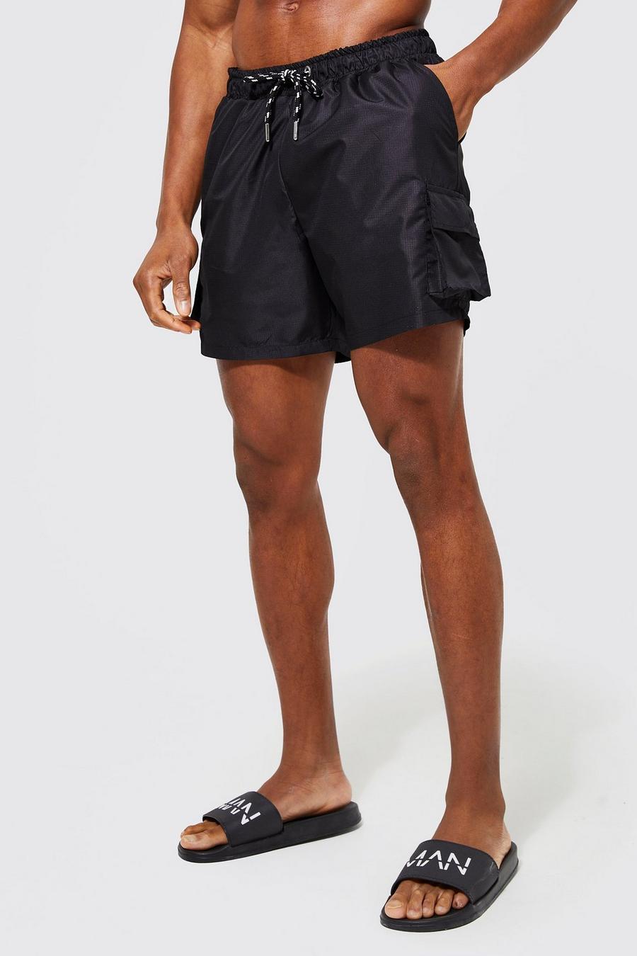Black Mid Length Multi Cargo Ripstop Swim Shorts