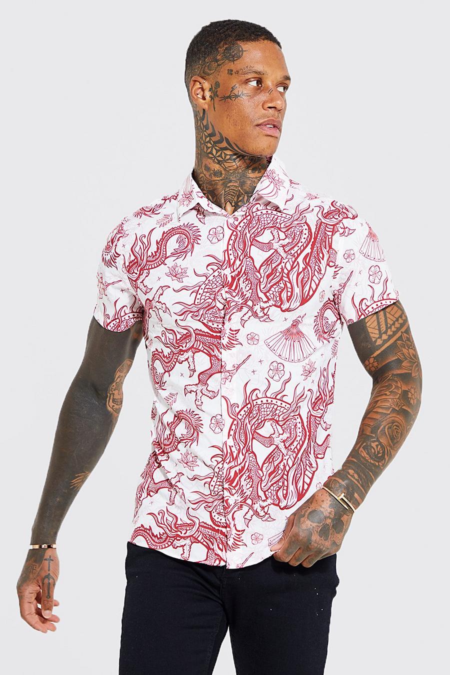 Red Muscle Fit Dragon Print Shirt image number 1