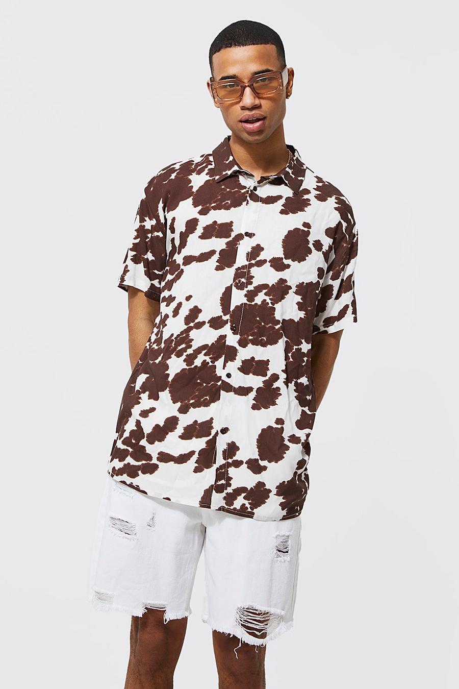 Oversize Viskose-Hemd mit Kuh-Print, Brown braun