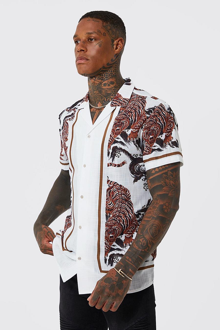 Ecru blanc Slub Texture Tiger Print Shirt