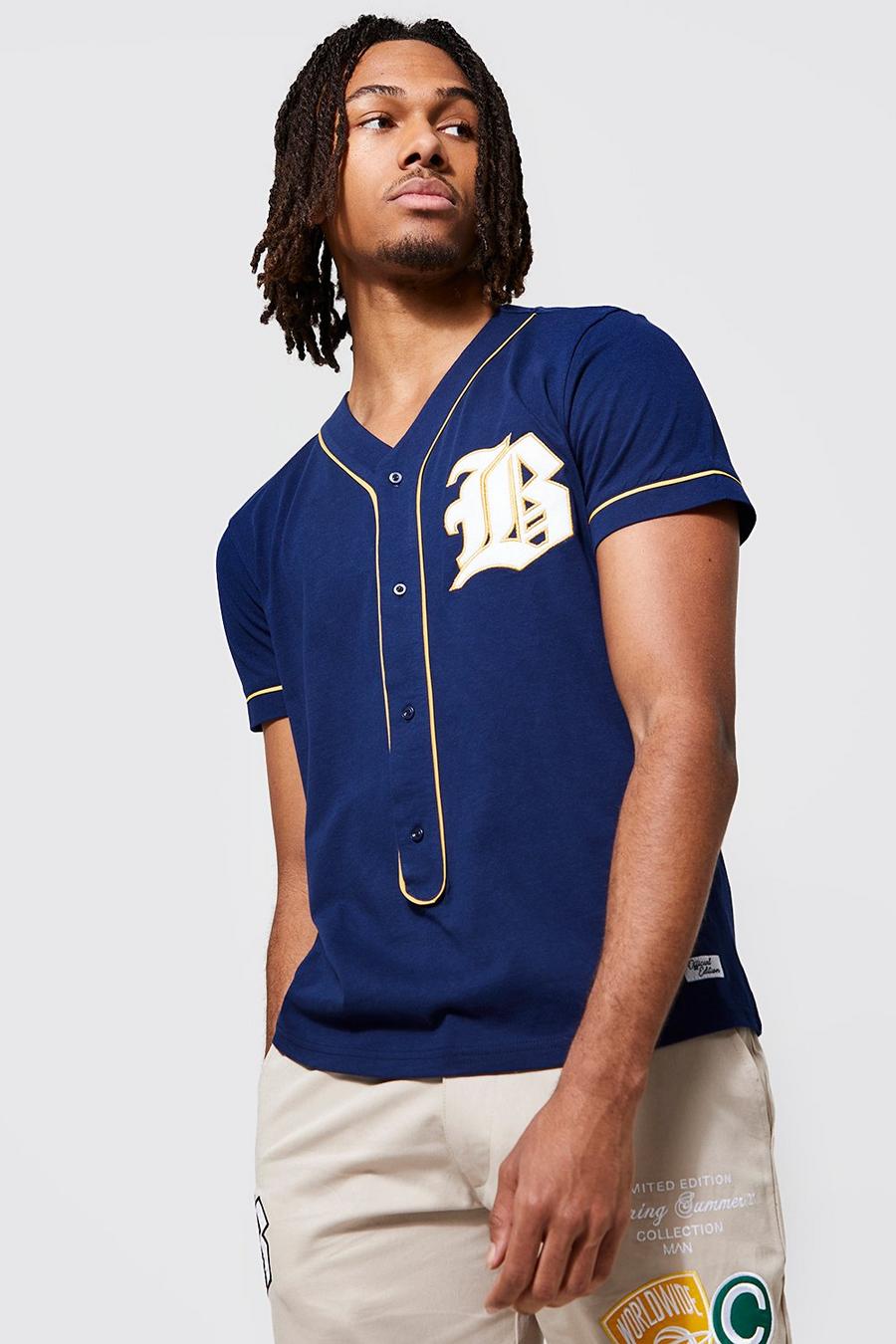 Jersey Baseball-Hemd mit Paspeln und Applique, Navy image number 1