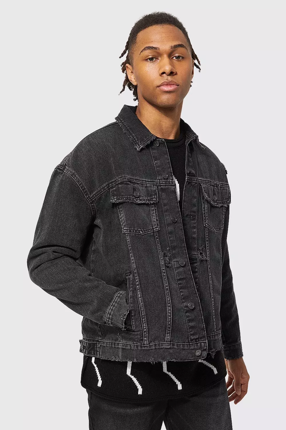 Oversized distressed denim hot sale jacket black