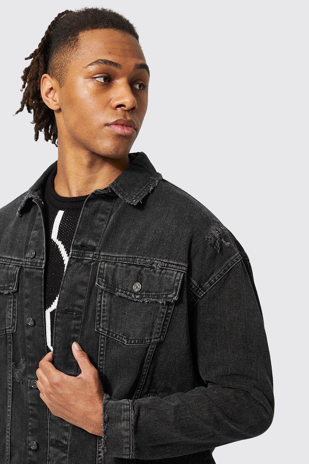 Mens black 2024 denim jacket distressed