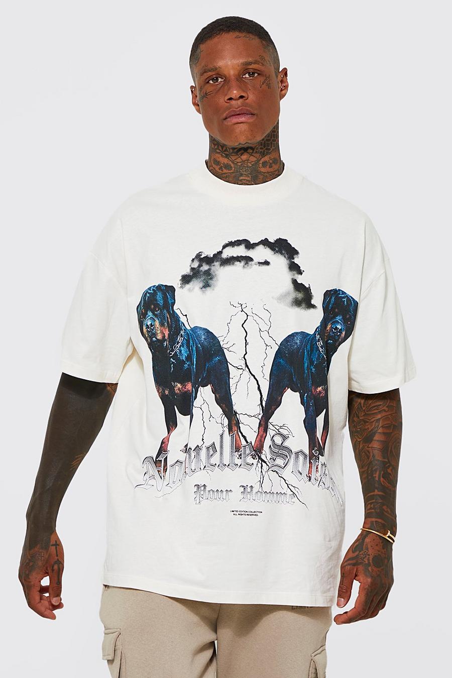 Oversize T-Shirt mit Rottweiler Print, Ecru white