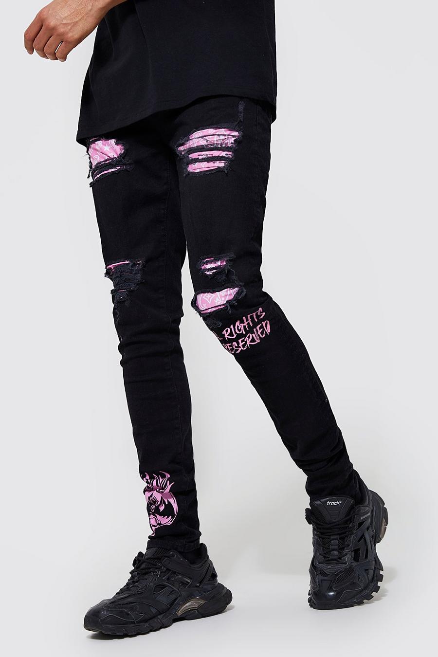 Jeans Tall Skinny Fit stile Graffiti con strappi in fantasia a bandana, Black image number 1
