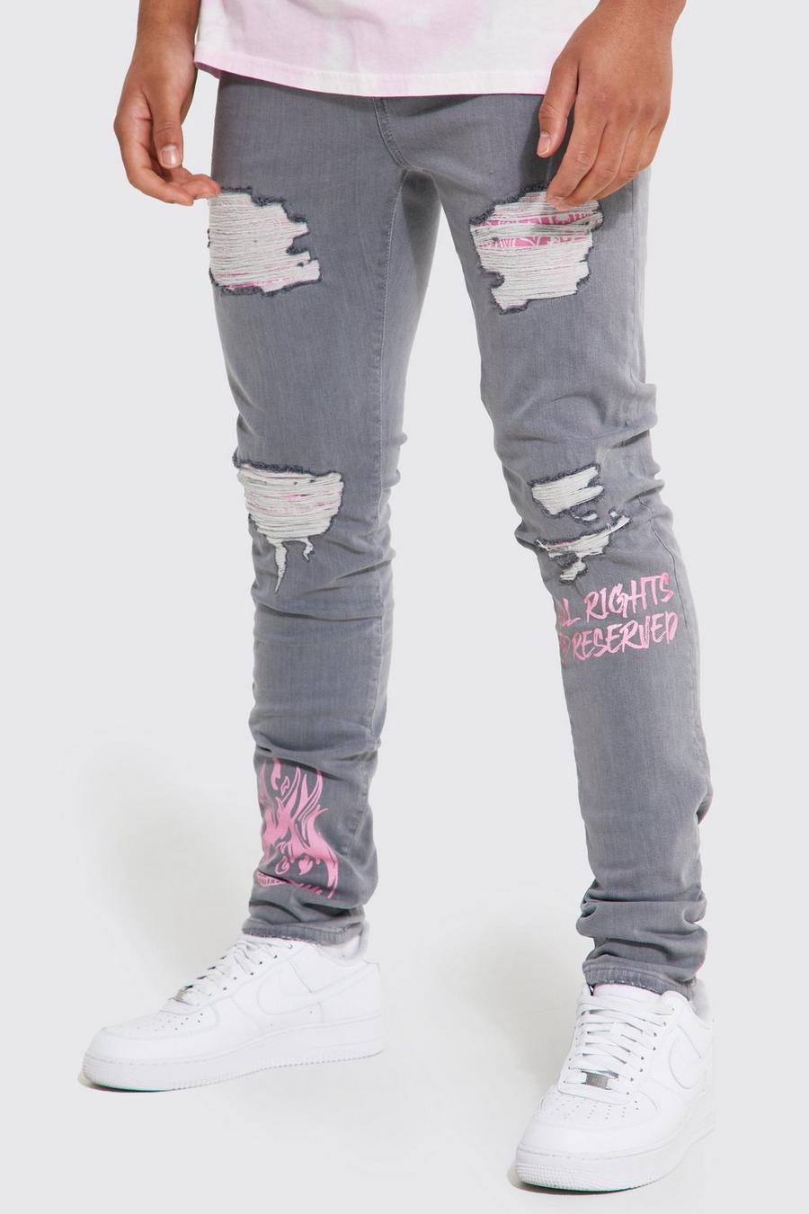 אפור בהיר סקיני ג'ינס עם דוגמת בנדנה-גרפיטי וקרעים, לגברים גבוהים image number 1