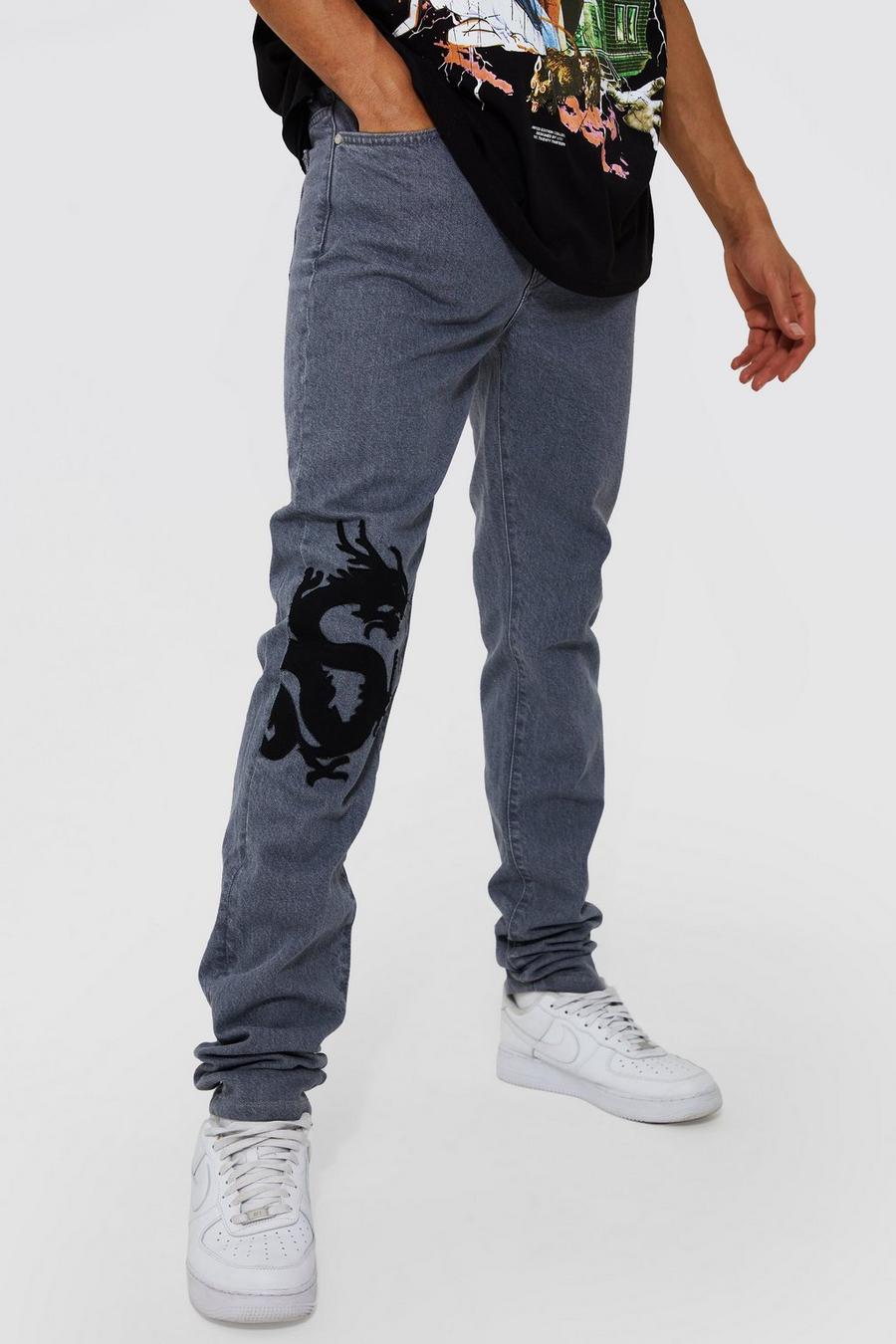 Light grey סקיני ג'ינס קשיח עם אפליקציית דרקון, לגברים גבוהים