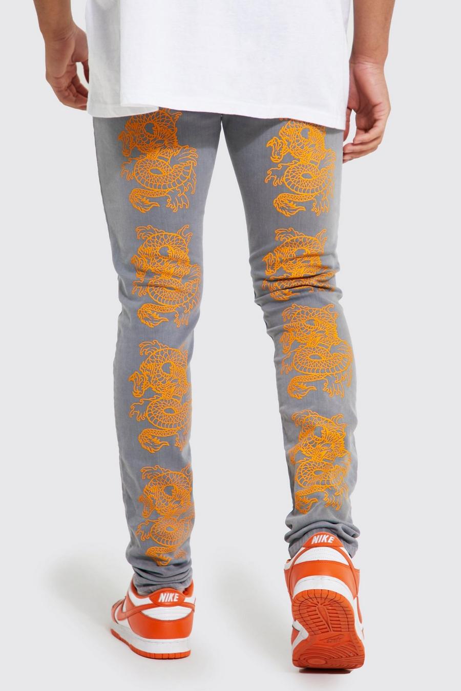 Jeans Tall Skinny Fit Stretch con stampa di drago sul retro, Light grey grigio