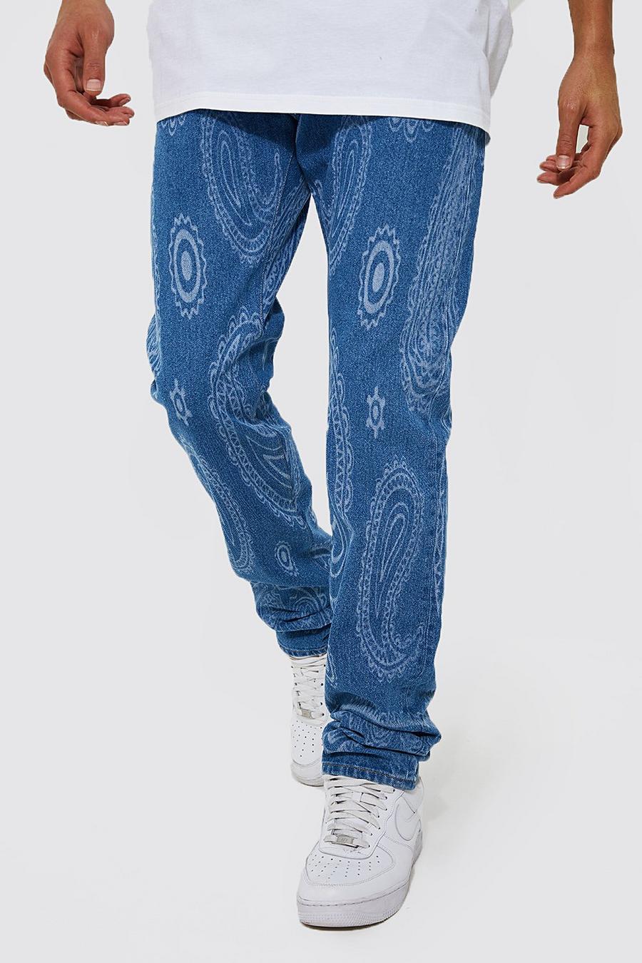 Blue azul ג'ינס קשיח בגזרה צרה עם הדפס לייזר פייזלי, לגברים גבוהים