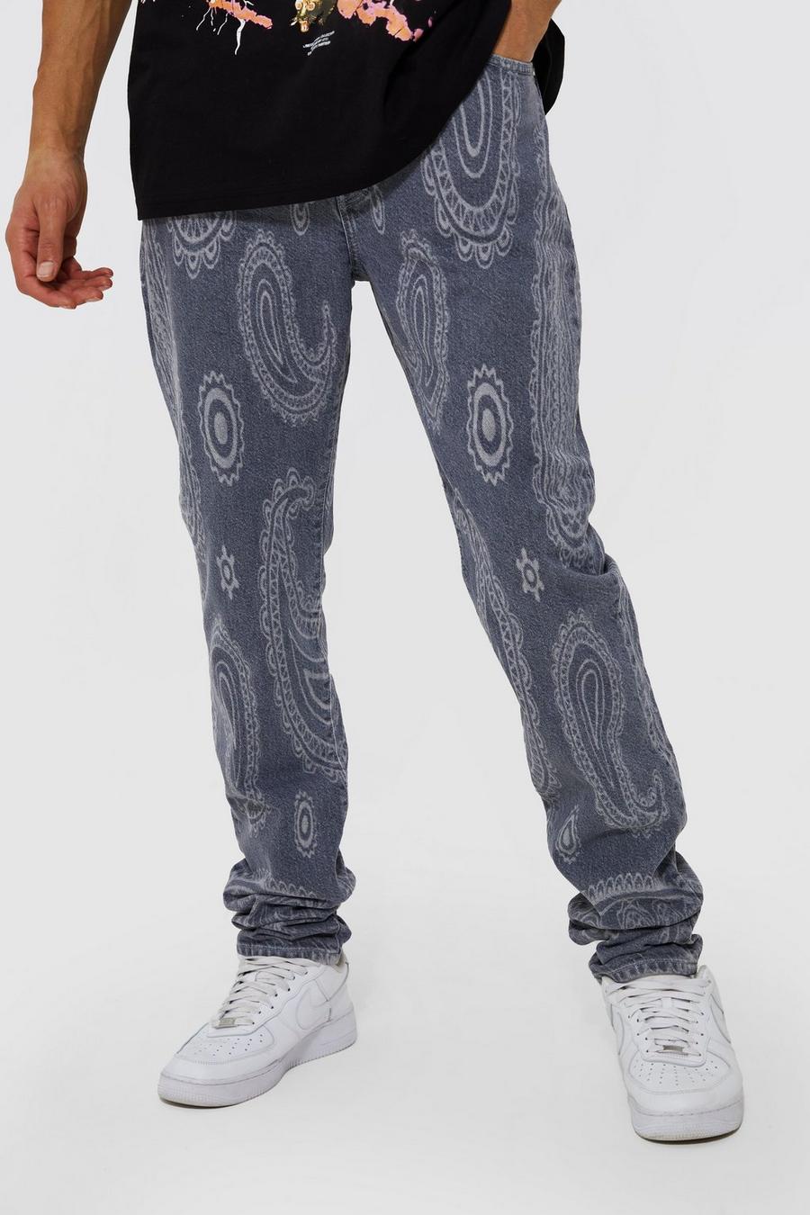 Light grey ג'ינס קשיח בגזרה צרה עם הדפס לייזר פייזלי, לגברים גבוהים image number 1