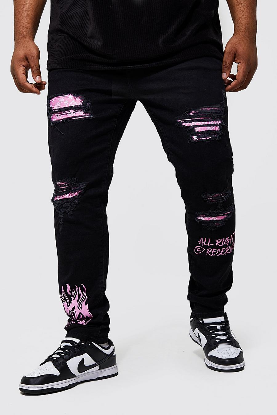 Jeans Plus Size Skinny Fit in fantasia a bandana stile Graffiti con strappi, Black negro