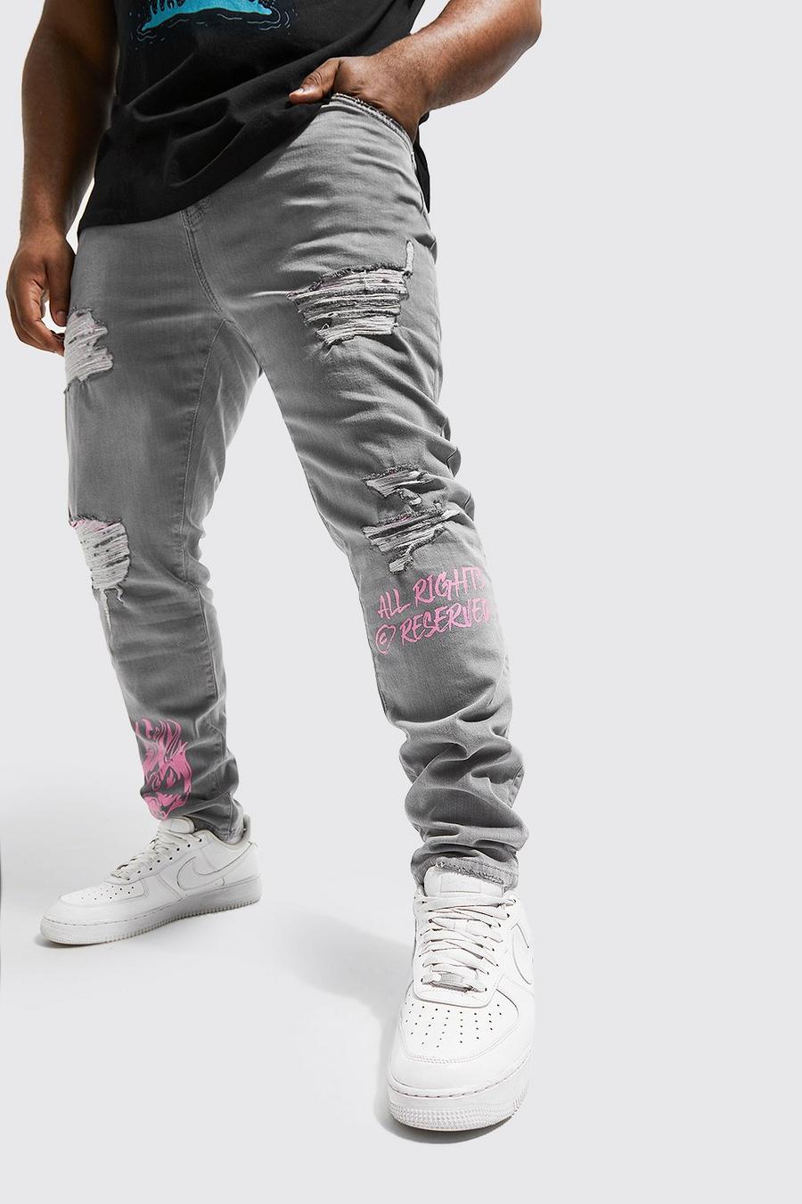 Light grey grigio סקיני ג'ינס עם הדפס בנדנה-גרפיטי וקרעים, מידות גדולות