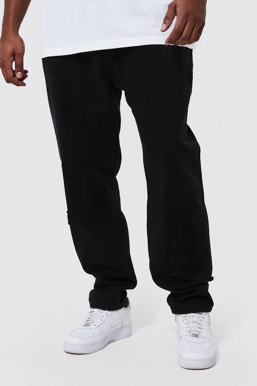 Washed black ג'ינס מבד קשיח בגזרה צרה עם אפליקציית LA בסגנון נבחרת ספורט, מידות גדולות